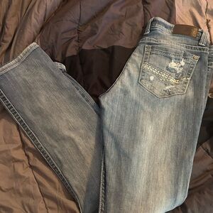 BKE Blue Straight Leg Jeans with Distressed Details